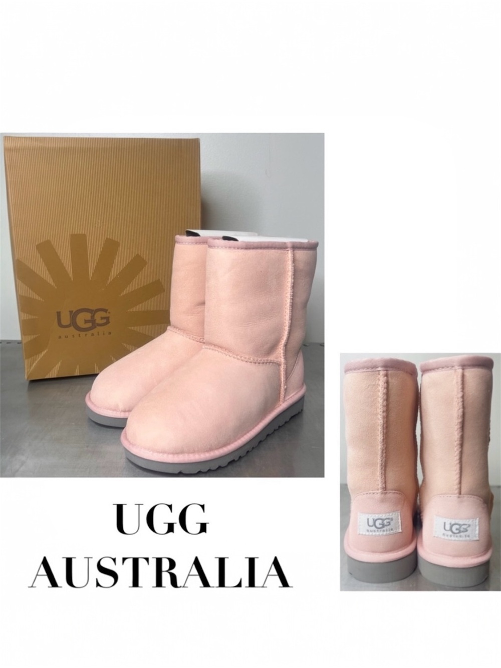 NEW UGG Australia Kids Classic Short Boots in Baby Pink w/ Gray Soles | Sz 2